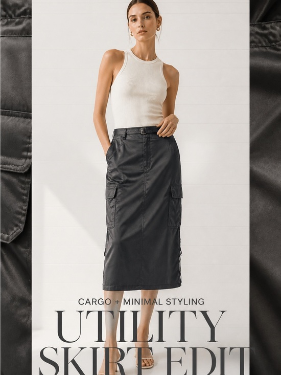 Voice Dresses & Skirts - Y2K Voice Silk Cargo Utility Black Belted 4 Pocket Vintage Midi Women's 15 Skirt